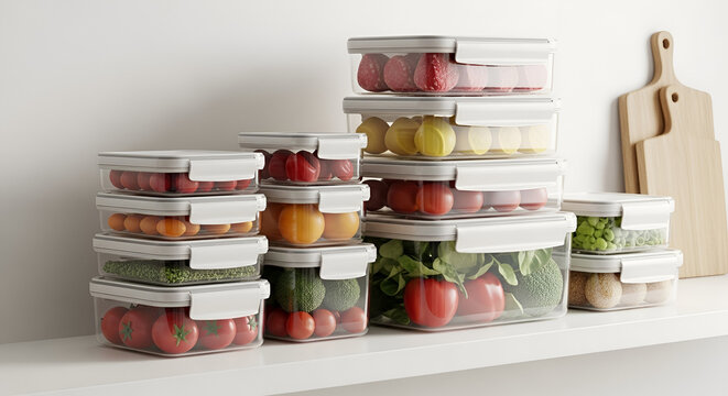 Freshly stored fruits and vegetables in clear plastic containers with lids on a kitchen counter ensuring freshness and easy meal preparation