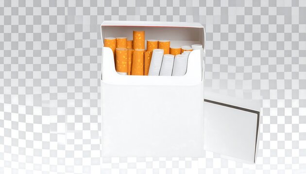 A white cigarette box with orange cigarettes and an open lid