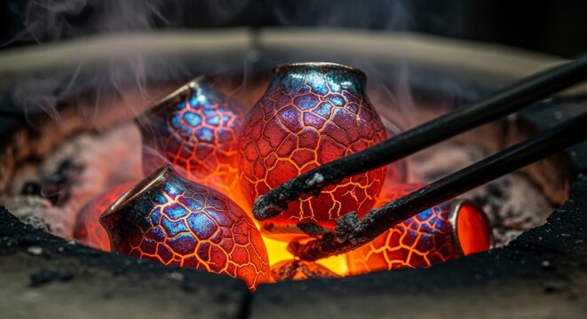 Raku Pottery Firing Process with Glowing Ceramic Vessels in a Kiln.
