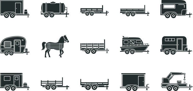 Large Vector Collection of Cargo Trailer Icons Set Featuring Caravan Horse Box Boat Carrier Flatbed Tanker and Utility Transport Silhouettes for Logistics Design Projects