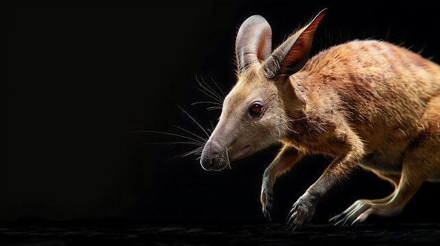 Bilby shows off its soft golden fur and long pointed ears against a dark and moody black background.