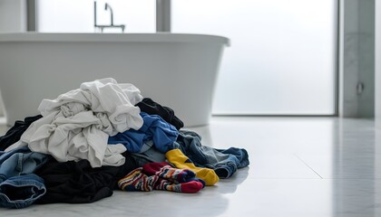 Obraz premium Pile of dirty laundry scattered on a bathroom floor in a modern home, representing a housekeeping and domestic chore concept for lifestyle and cleaning
