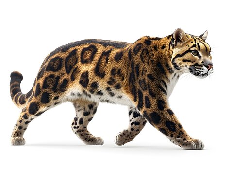Clouded leopard walks gracefully against a pure white background.