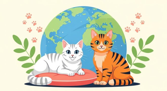 Cute cartoon cats sitting in front of a globe with leaves and paw prints, world cat day vector illustration