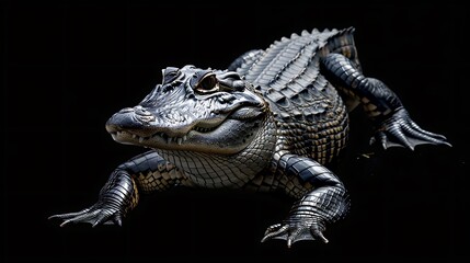 Fototapeta premium Alligator rests its textured, scaly body against a stark black background with dramatic lighting.