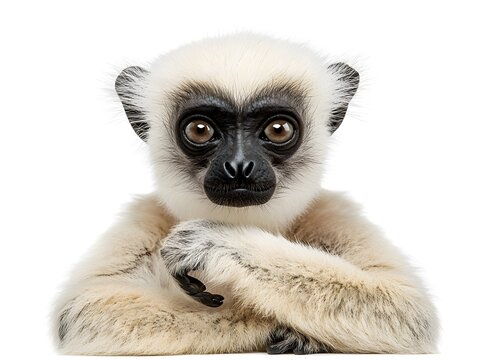 Close up portrait of a lemur looking directly at the camera against a white background.
