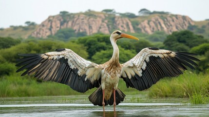 Naklejka premium Bird with outstretched wings over water