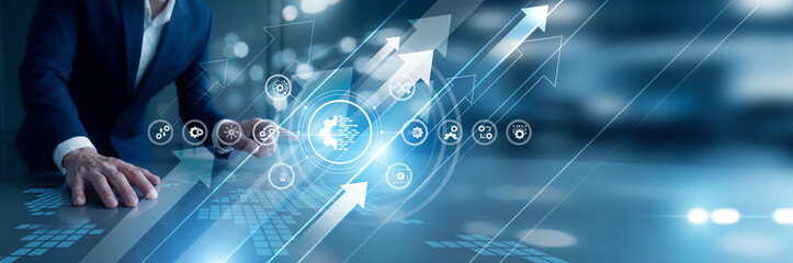 Fototapeta premium Digital leader hand touch Transformation interface screen to modernize core infrastructure and optimize workflow. Innovative change drives growth through smart legacy system upgrades.