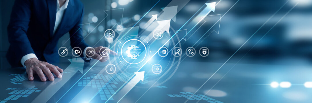 Digital leader hand touch Transformation interface screen to modernize core infrastructure and optimize workflow. Innovative change drives growth through smart legacy system upgrades.