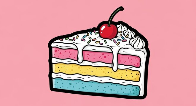 Colorful Slice of Cake with Cherry on Pink Background.