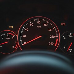 Fototapeta premium Car dashboard speedometer showing speed in miles per hour with red illumination at night.