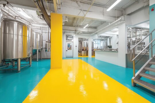 Modern industrial brewery interior with stainless steel tanks and vibrant flooring