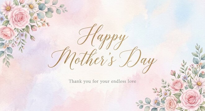 Mother's Day greeting card with pink roses. Watercolor floral background featuring eucalyptus leaves and gold cursive text. Pastel spring theme.
