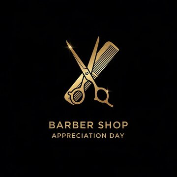 Barber shop appreciation day gold logo with scissors and comb icon on dark black background.