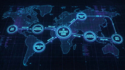 Fototapeta premium AI chatbot core data flow with language processing knowledge base and response generation on futuristic digital world map interface glowing blue