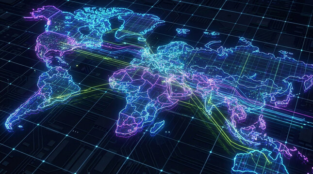 Abstract digital geography map grid neon network connection technology data world global communication futuristic glowing lines cyberspace internet visualization electronic virtual modern design