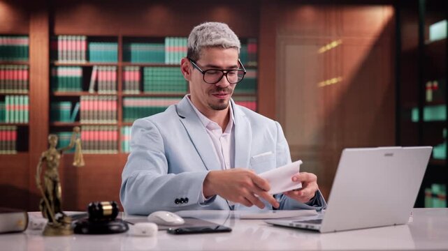 Lawyer Happily Reads Good News Letter About Successful Legal