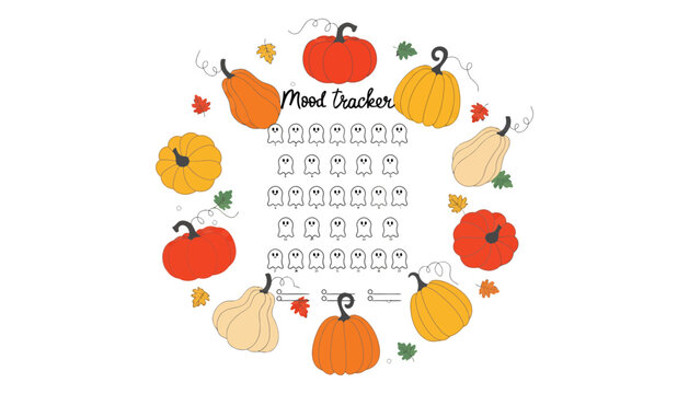 A colorful mood tracker illustration with pumpkins and leaves