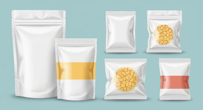 Set of white foil pouch mockups including stand-up zip lock bags and sachet packets with yellow and orange labels on light blue background for snack, coffee, or food packaging design.