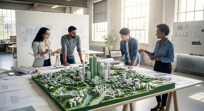 Diverse Team of Architects and Urban Planners Collaborating on a Sustainable Green City Model in a Modern Design Studio