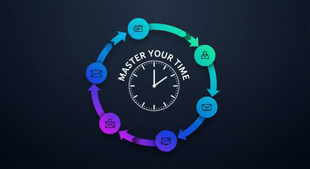 Fototapeta premium Circular infographic showing time management steps with clock and icons on dark background