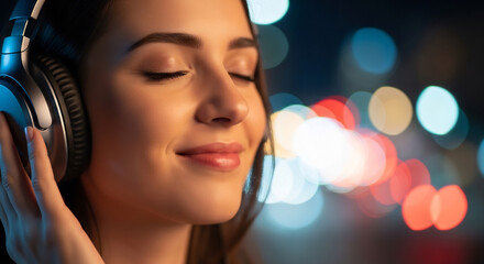 Fototapeta premium Young woman with blissful expression listening to music with premium headphones