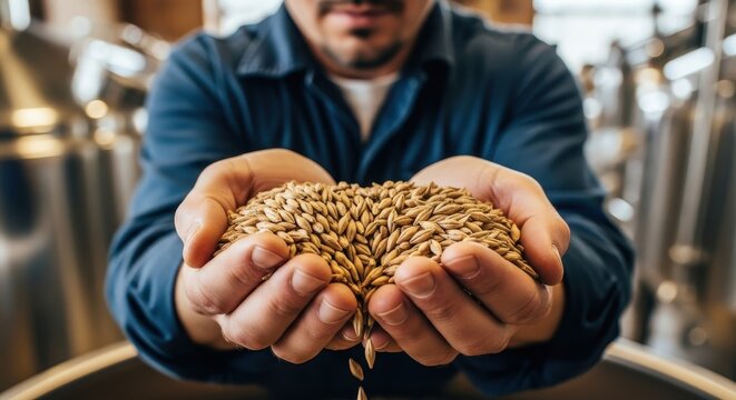 Brewery Worker Holding Fresh Malted Barley Grains.