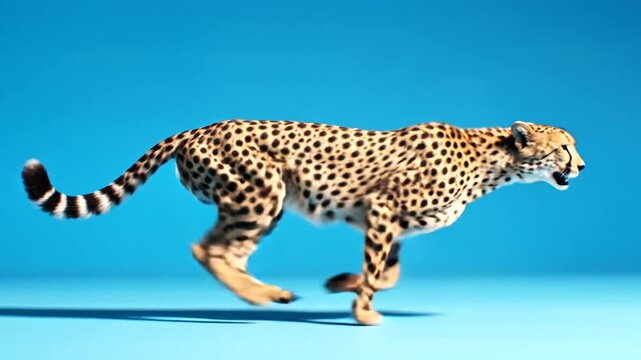 Fast cheetah running across a vibrant blue background studio shot.
