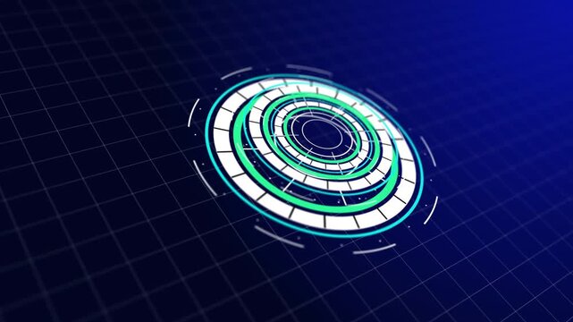 Circle cyan hud head up display interface element for futuristic cyber technology concept with dark grid background and grain processed
