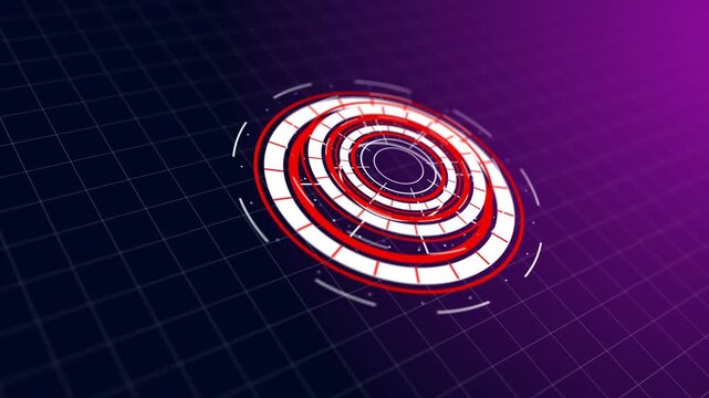 Circle red hud head up display interface element for futuristic cyber technology concept with dark grid background and grain processed