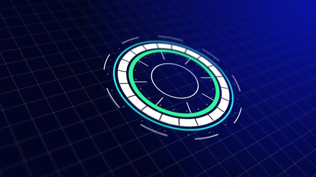 Circle hud head up display interface element for futuristic cyber technology concept with dark grid background and grain processed