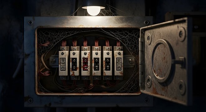 An open electrical panel with exposed wiring and circuit breakers in a dark room