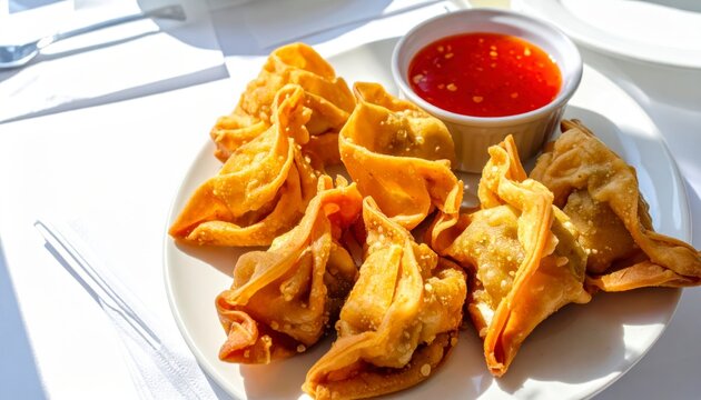 Crispy Golden Fried Wontons Served With Sweet Chili Dipping Sauce on a White Plate
