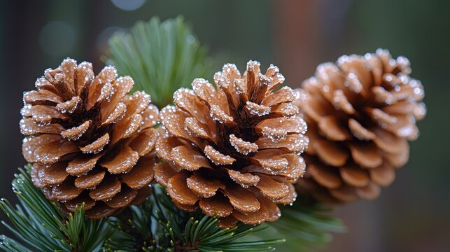 Close-up of three pine cones with frost