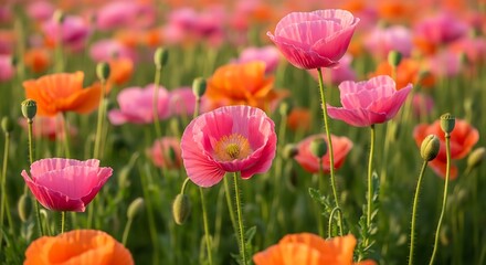 Fototapeta premium Vibrant Poppy Field With Pink And Orange Flowers