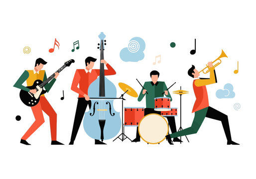 Jazz Band Vector Illustration with Musicians Playing Electric Guitar, Double Bass, Drums, and Trumpet