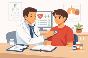 Obraz premium Doctor patient medical examination illustration with stethoscope, clinical office desk supplies, medical charts, ECG monitor, eye chart, lungs diagram, and professional healthcare diagnostic concept