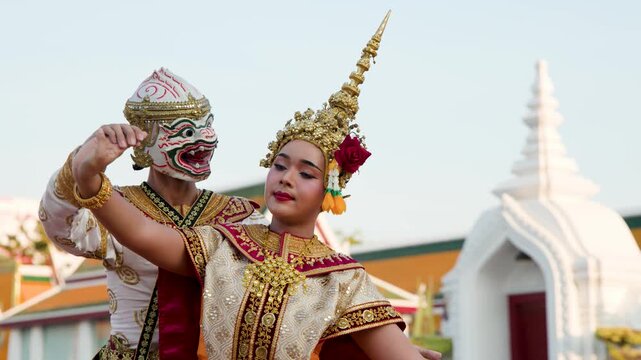 Traditional Thai Khon Dance Performance at Wat Suthat Temple in Bangkok