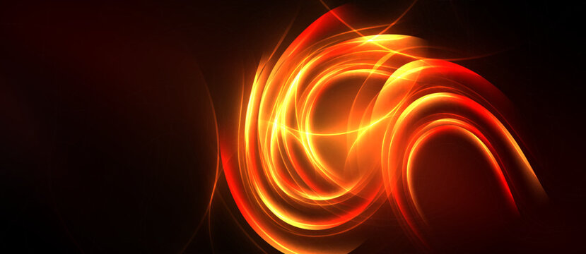 Abstract swirls, vibrant orange hues dominate dark background. Dynamic energy radiates from central focal point. Smooth gradients create depth.