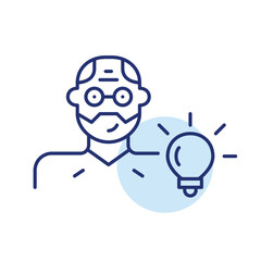 Obraz premium Man in glasses user avatar and light bulb. Empowered thinking, learning and innovation. Pixel perfect, editable stroke vector icon