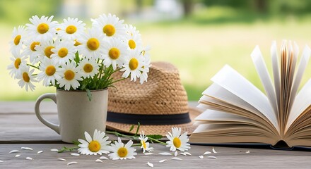 A serene still life with daisies in a mug and an open book © Sumaiya