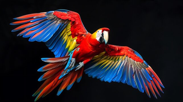 Macaw parrot spreads vibrant red, yellow, and blue wings while flying against a solid black backdrop.