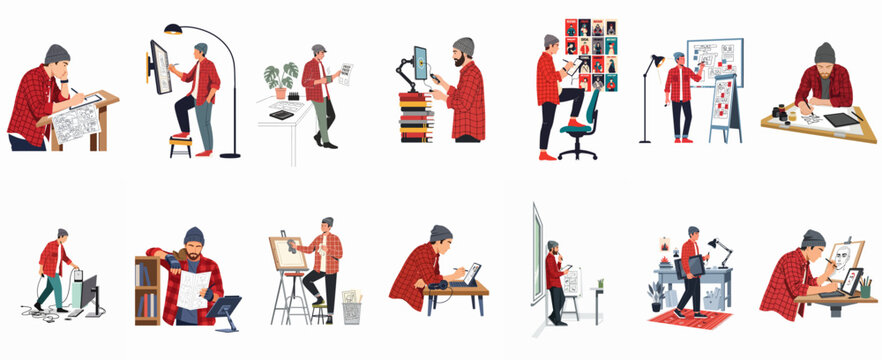 Vector illustrations of a creative professional artist and illustrator working on various digital and traditional projects in a studio setting.