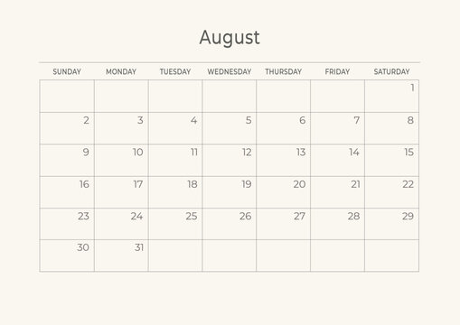 August soft beige monthly planner template