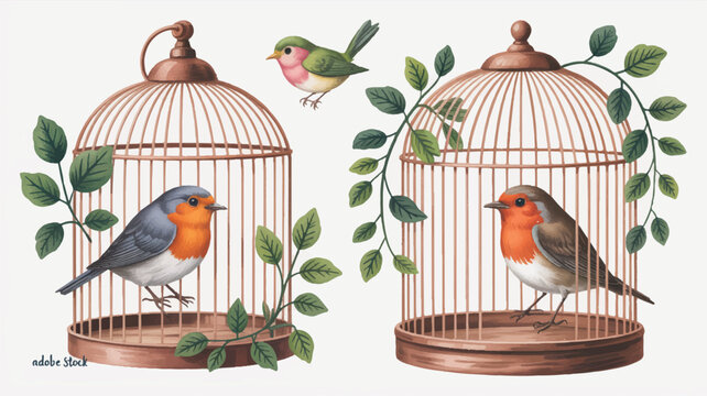 Birds in and out of copper birdcages with green leaves  avian scenes