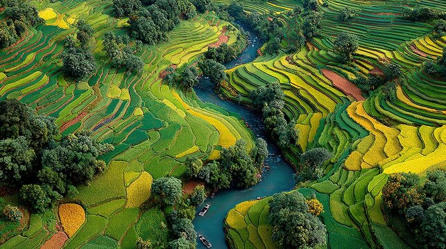 Fotograf&iacute;a de naturaleza con campos de arroz en China creada con IA generativa, paisaje agr&iacute;cola tradicional en terrazas escalonadas.
