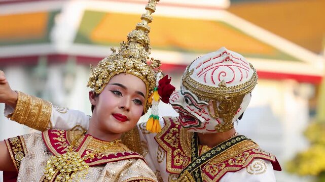 Thai Khon Dancers Perform Hanuman and Suphannamatcha Scene at Wat Suthat