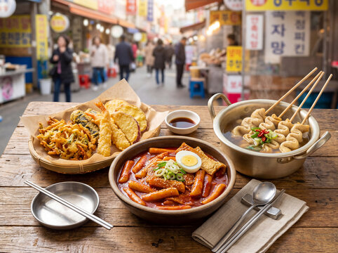 Korean Street Food Set with Tteokbokki and Fried Snacks
