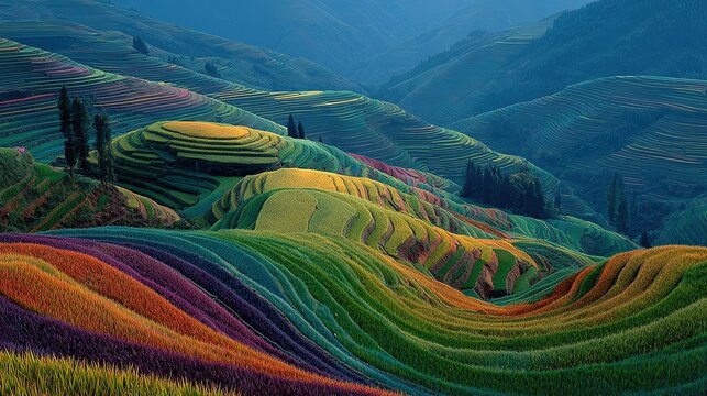 Fotograf&iacute;a de naturaleza con campos de arroz en China creada con IA generativa, paisaje agr&iacute;cola tradicional en terrazas escalonadas.