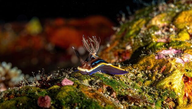 Vibrant Blue and Yellow Nudibranch Adorns Textured Coral Reef in Vivid Underwater Display